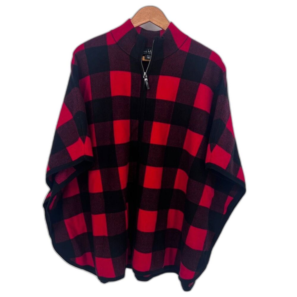 Nicole Miller Buffalo Plaid Zip Up Poncho Sweater Bold Cozy Casual Size Large